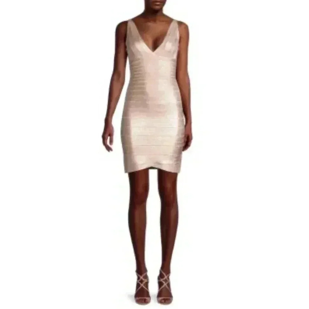 Herve Leger Champagne Metallic Striped Bodycon Dress - size Large